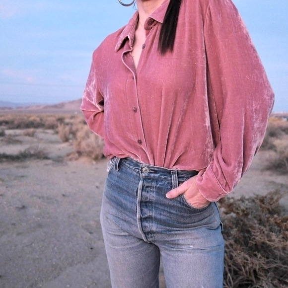 SOLD🥀 The Vintage Twin Velvet Button Down Shirt Rose - Picture 4 of 5